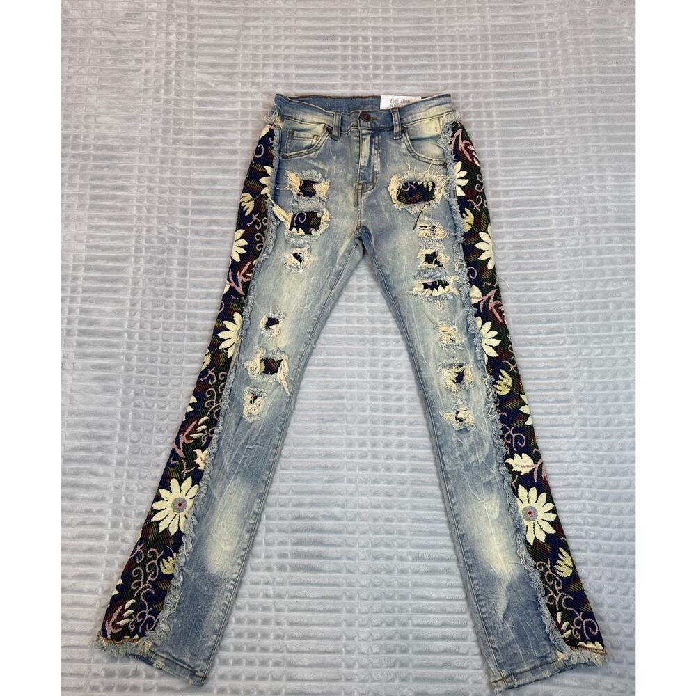 Evolution In Design Girls Floral Flare Stacked Cut Jeans Sz 12 BTS Fashion Teen